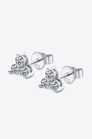 Silver moissanite stud earrings with three round-cut stones in a cluster design, made of 925 sterling silver.