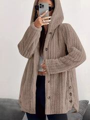 Cozy button-up fleece jacket in camel with a hood and button closure.