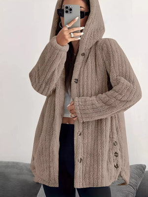 Cozy button-up fleece jacket in camel with a hood and button closure.
