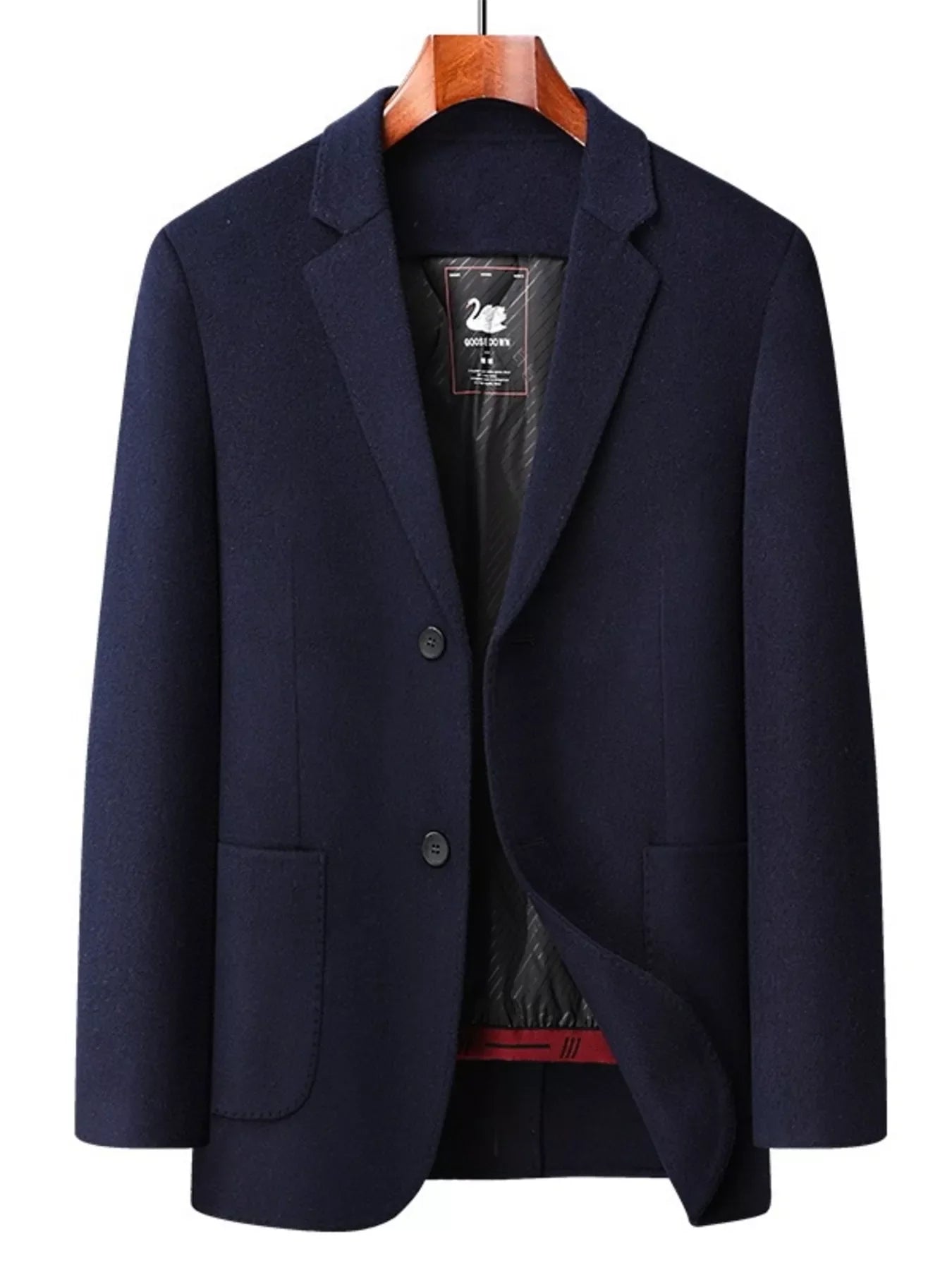 Men's navy blue wool button-up overcoat with notched lapels and two front pockets.