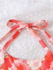 Children's Floral Print Crop Top And Striped Pants Set in Orange Red, close-up detail