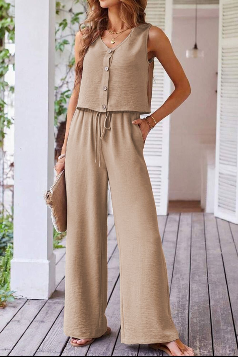 Camel button-front vest and drawstring palazzo pants set with textured fabric
