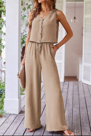 Camel button-front vest and drawstring palazzo pants set with textured fabric