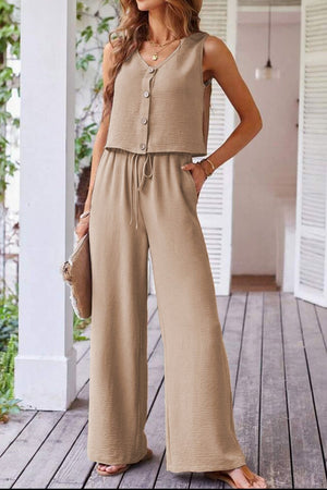 Camel button-front vest and drawstring palazzo pants set with textured fabric