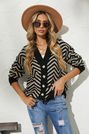 Chevron knit button-down cardigan in black and tan with a V-neck and button closure.
