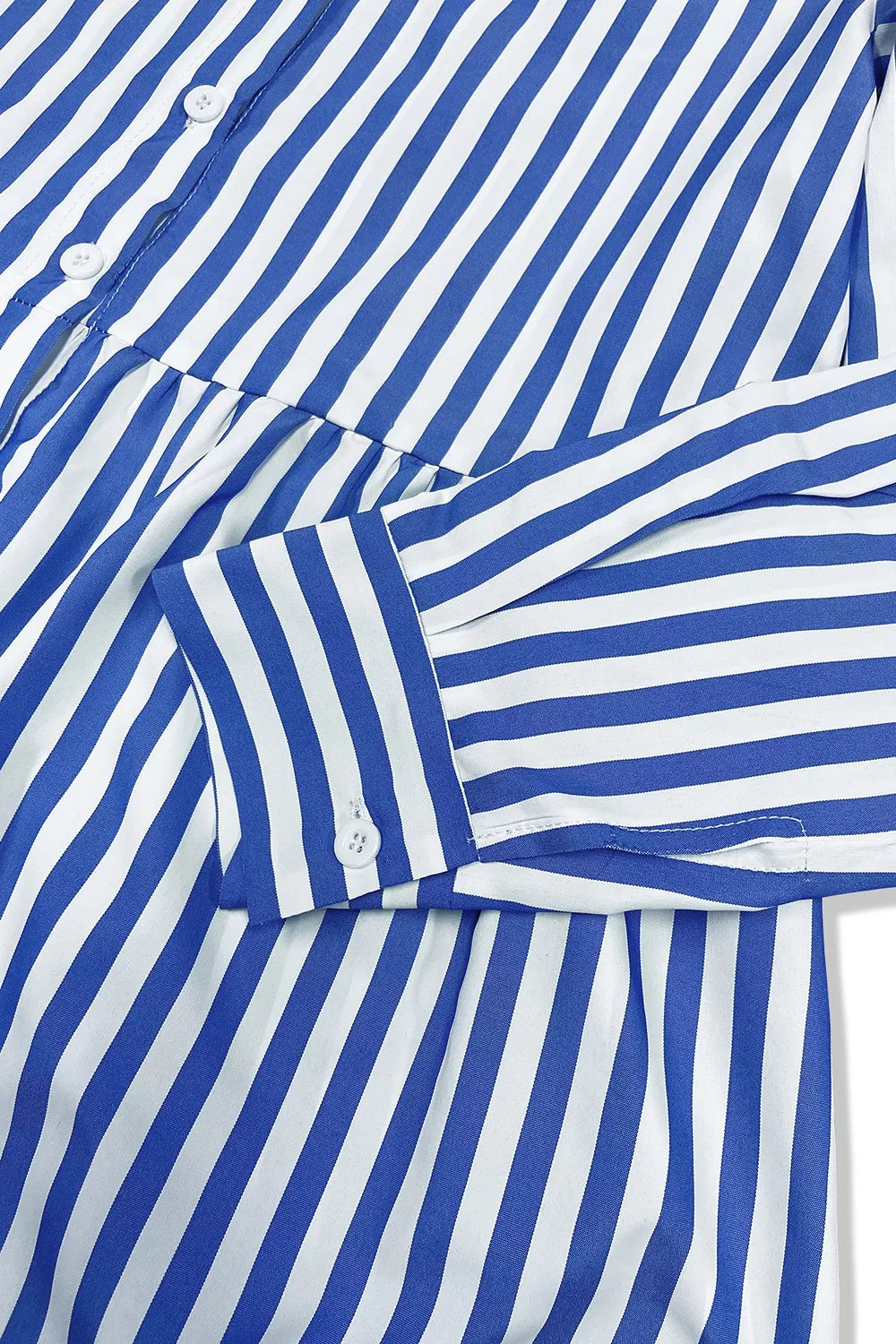 Striped Long Sleeve Maxi Shirt Dress in Light Blue, model styling view