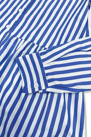 Striped Long Sleeve Maxi Shirt Dress in Light Blue, model styling view