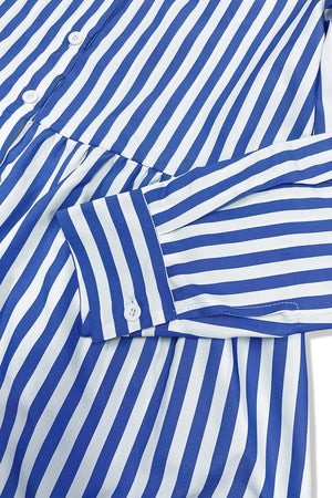 Striped Long Sleeve Maxi Shirt Dress in Light Blue, model styling view