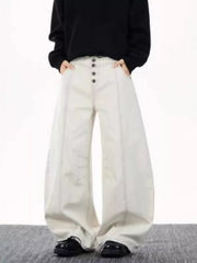Relaxed fit wide leg button-fly jeans in cream cotton with contrast stitching.