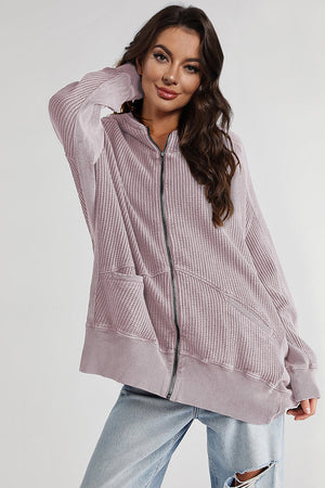 Lilac waffle knit zip-through hoodie with pockets and a relaxed fit.