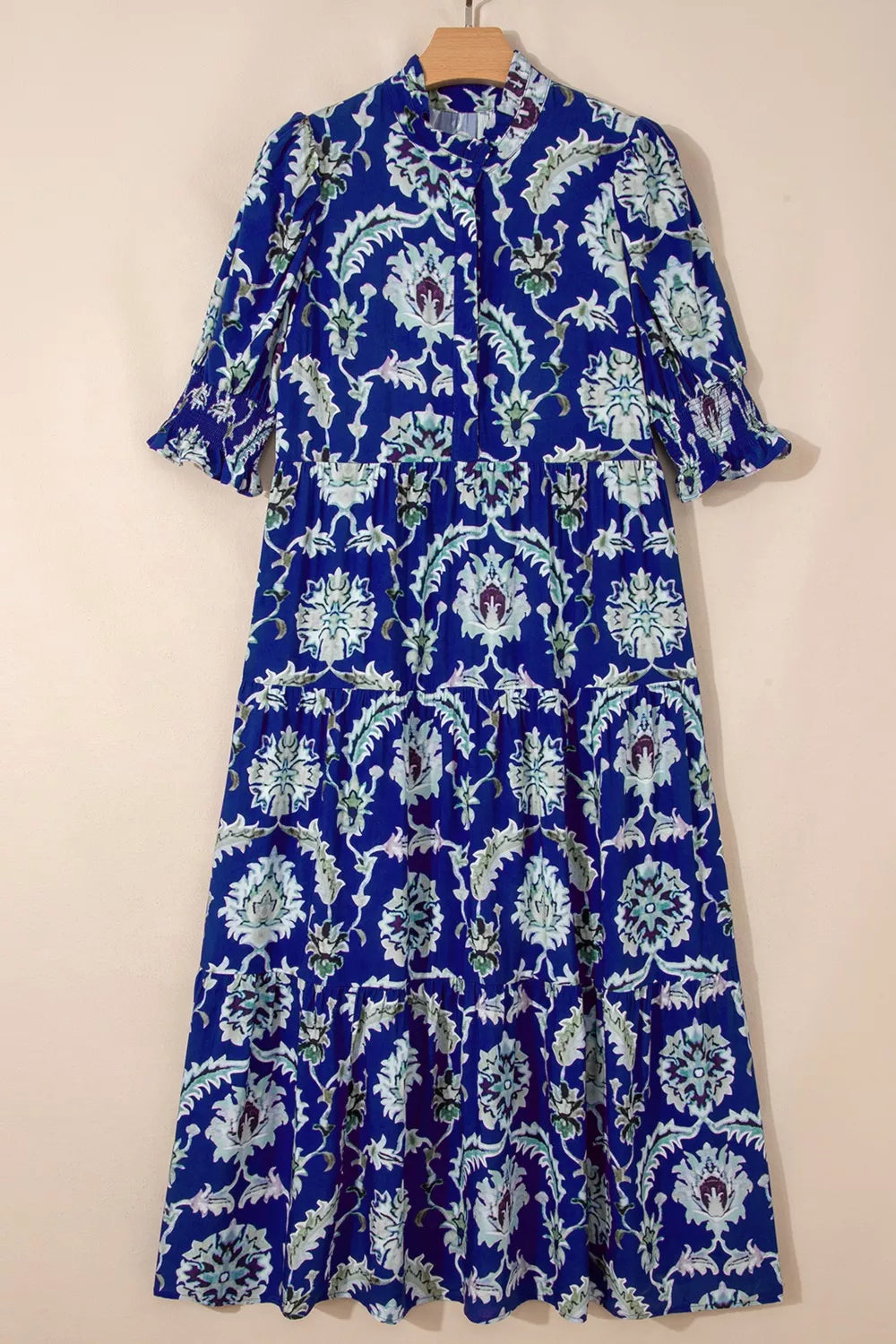 Blue floral maxi dress with frilled collar and tiered skirt