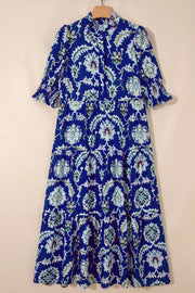 Blue floral maxi dress with frilled collar and tiered skirt