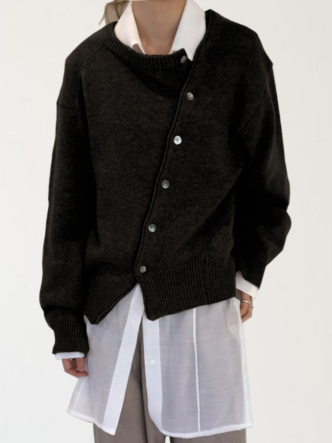 Dark Gray asymmetric button-up knit cardigan with crew neck and ribbed trim.