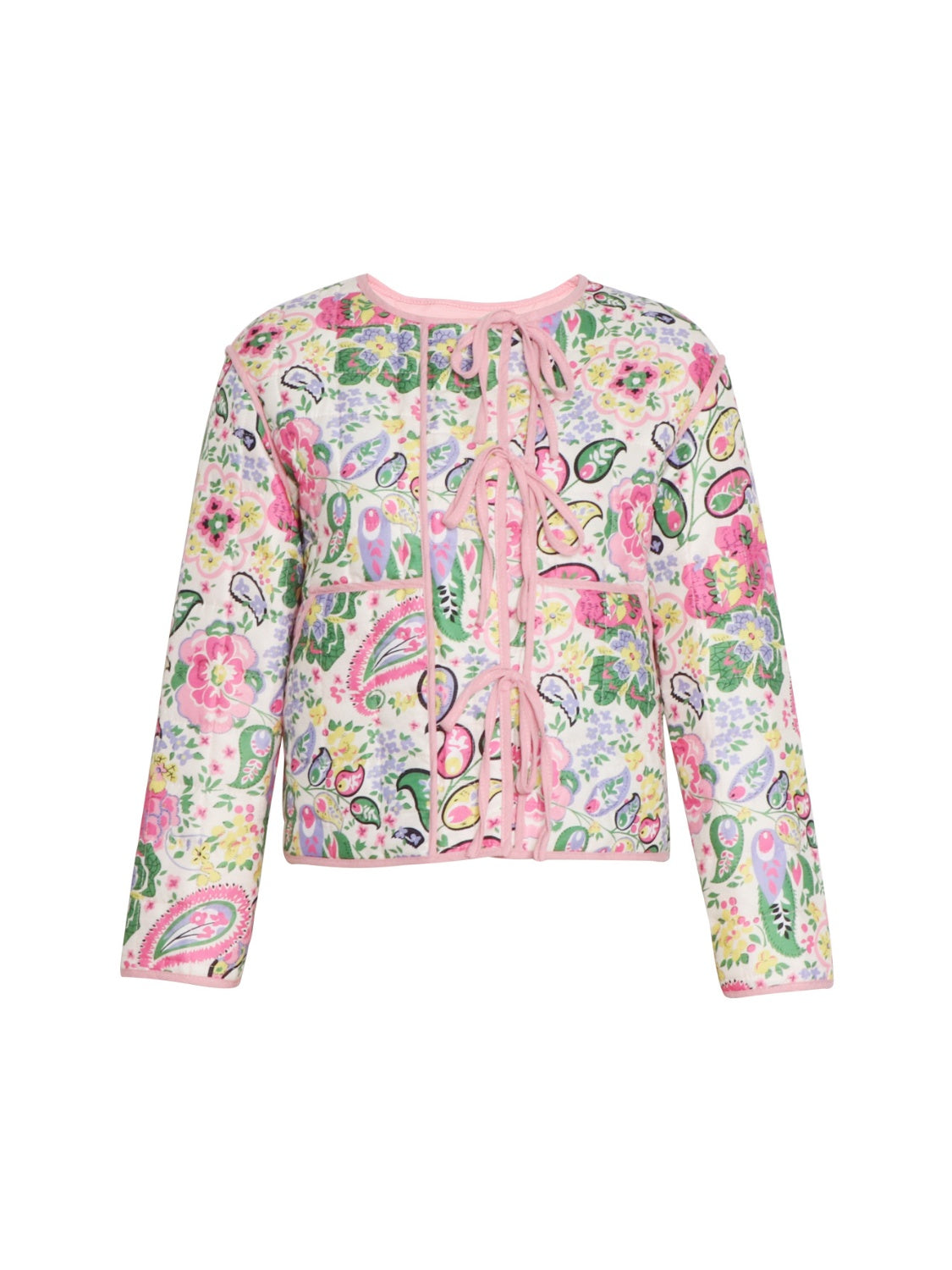 Paisley quilted jacket in blush pink with tie closure and pink trim