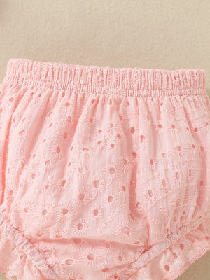 Pink embroidered lace baby shorts with elastic waistband and ruffled hem