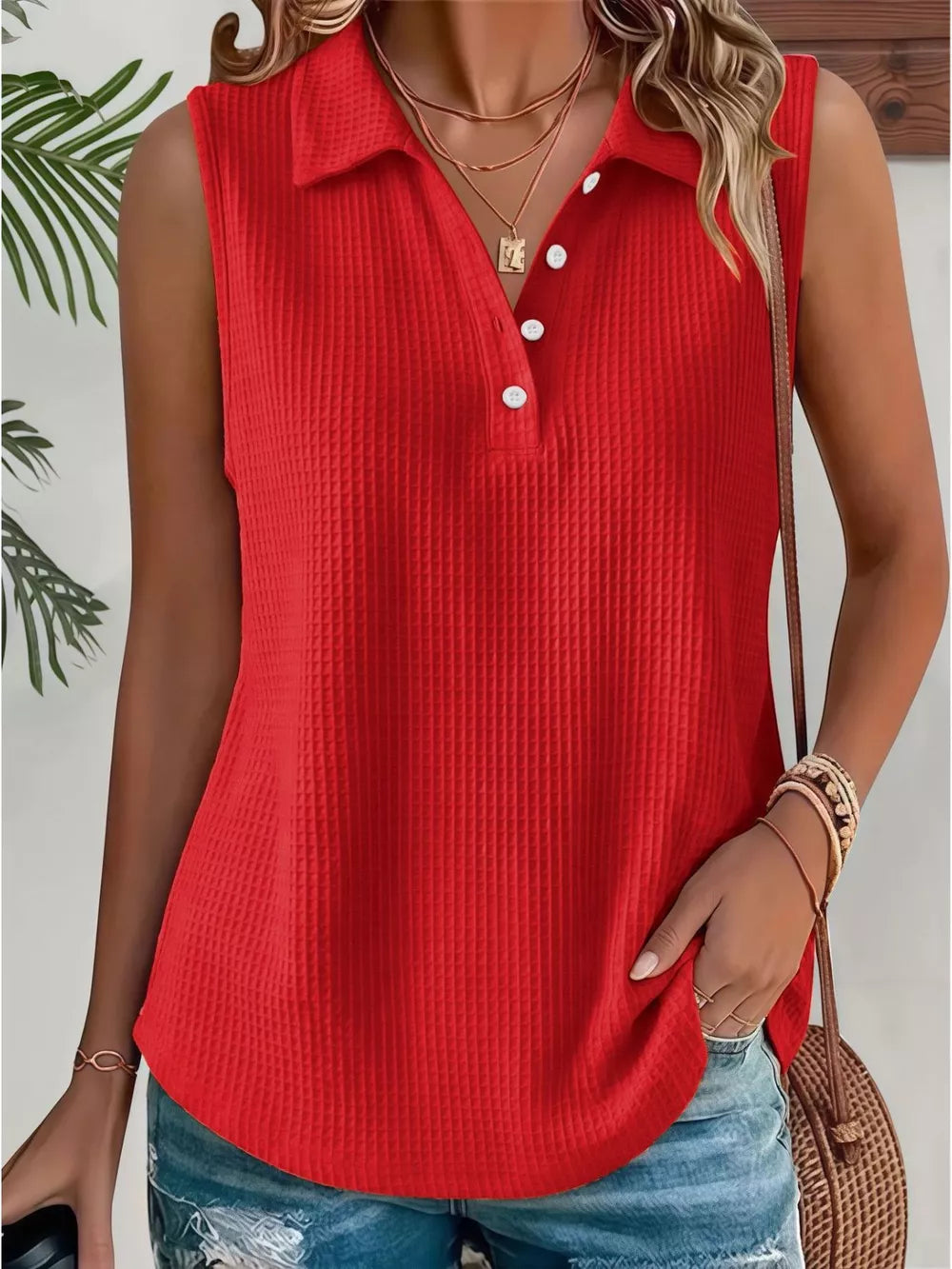 Full Size Waffle Knit Button Detail Sleeveless Top in Black, front view