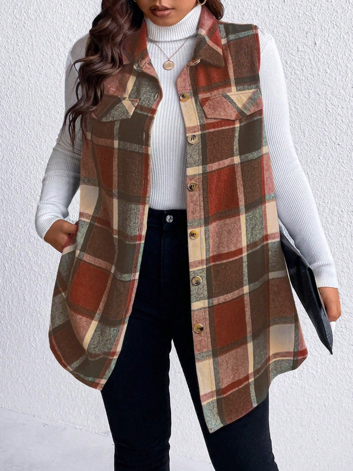 Oversized plaid shirt vest in brown, camel, and rust tones with button front and chest pockets.