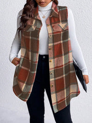 Oversized plaid shirt vest in brown, camel, and rust tones with button front and chest pockets.