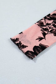 Floral Print Mesh Long Sleeve Blouse in Dusty Pink, product detail