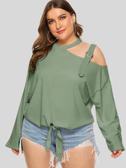 Light Green shoulder-buckle cutout tie-front blouse with long sleeves.