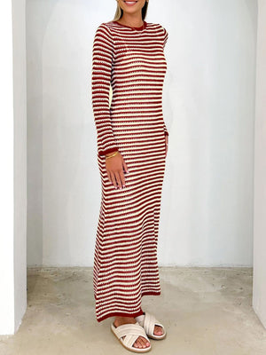 Striped maxi sweater dress in Terracotta with long sleeves and a back tie detail.