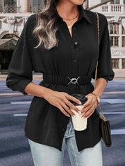 Black belted button-down blouse with gathered waist and silver buckle detail