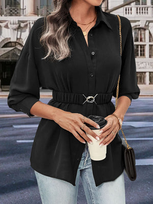 Black belted button-down blouse with gathered waist and silver buckle detail
