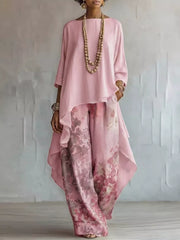 Asymmetrical Hem Top And Floral Pants Set, fit detail
