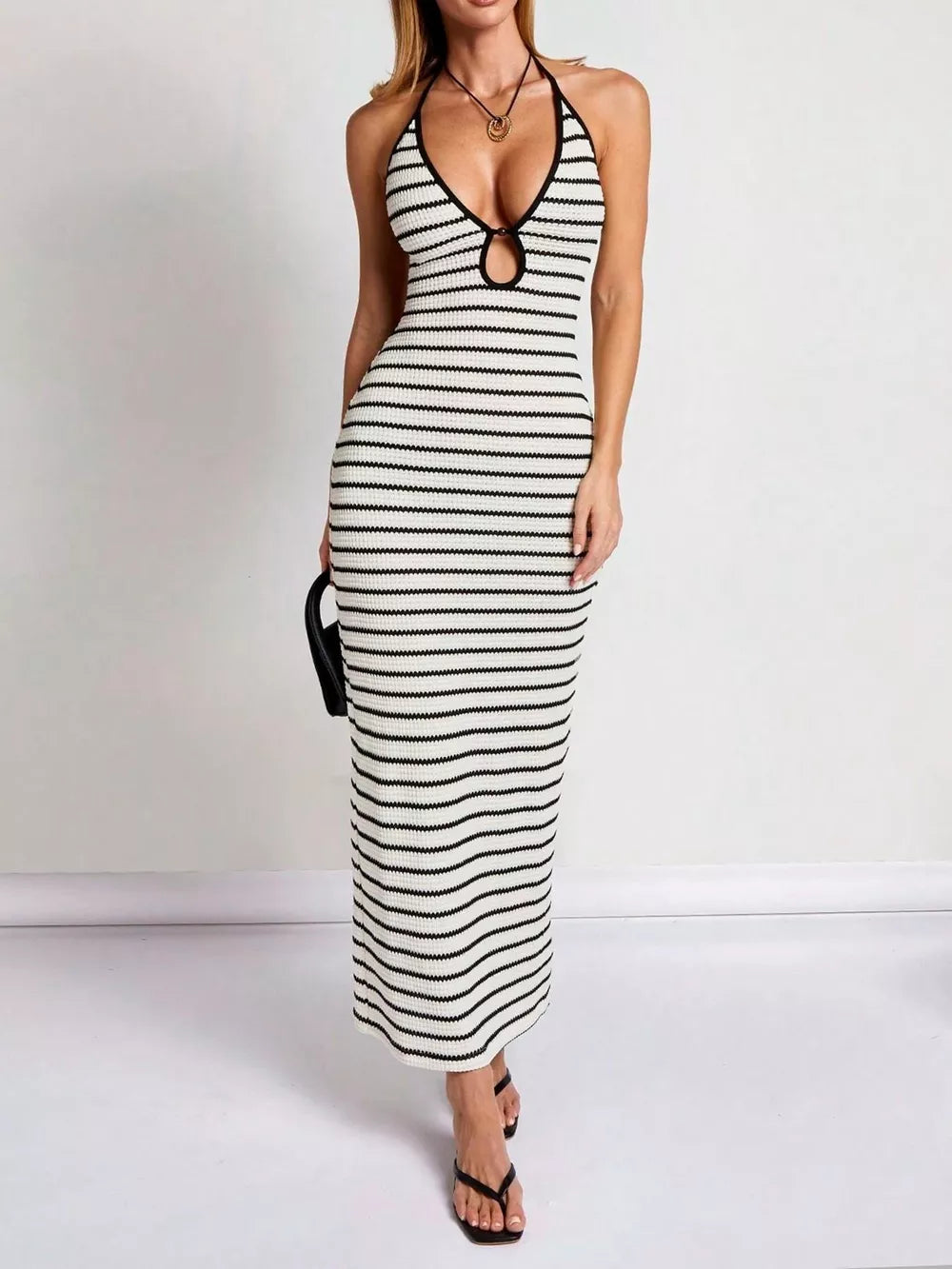 Striped Halter Neck Maxi Dress in White, side view