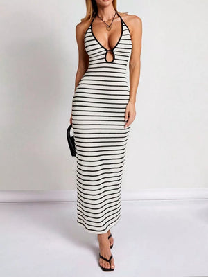 Striped Halter Neck Maxi Dress in White, side view