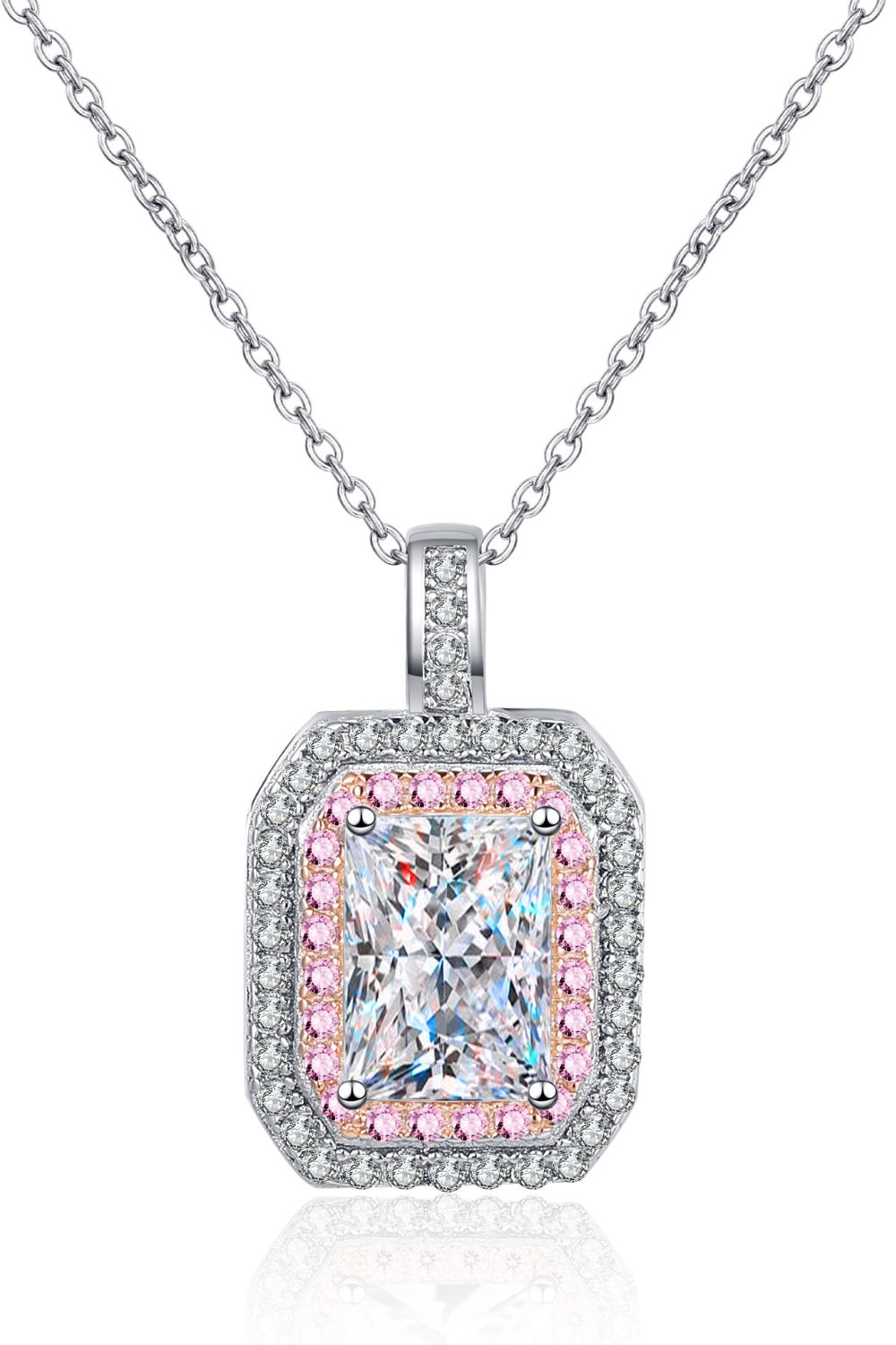 Silver necklace with radiant cut moissanite and pink halo accents