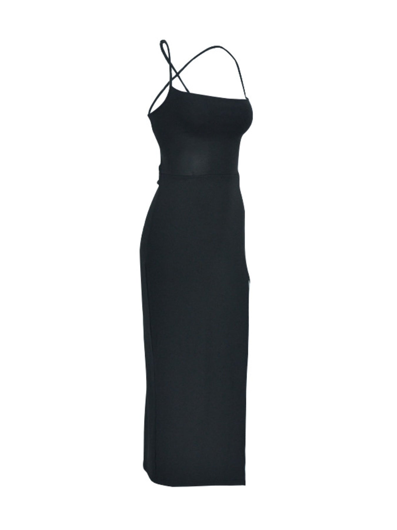 Black backless bodycon midi dress with crisscross spaghetti straps and high slit.