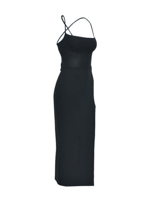 Black backless bodycon midi dress with crisscross spaghetti straps and high slit.