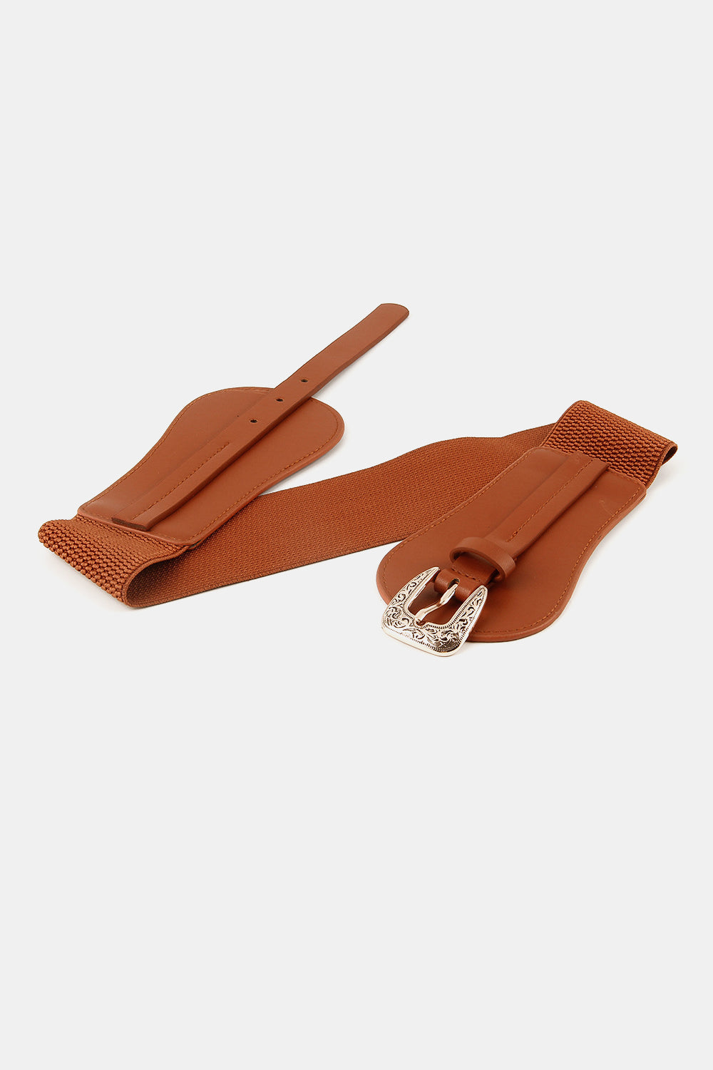 Caramel elastic belt with sculpted faux leather detail and ornate silver buckle