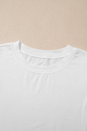 White cotton t-shirt with crew neck and visible lace inset detail on sleeve.
