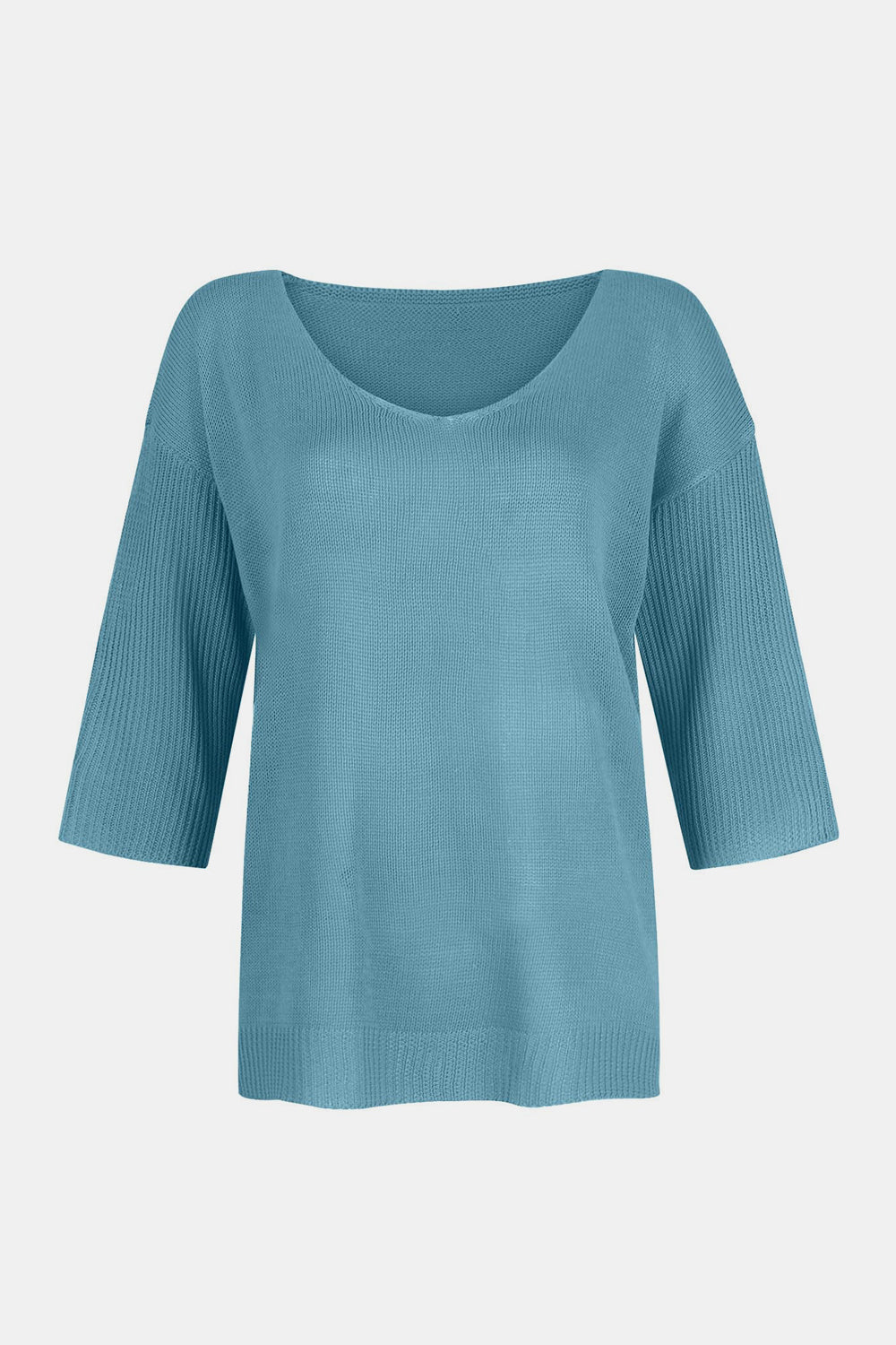 Pastel blue knit sweater with V-neck and flared 3/4 sleeves.