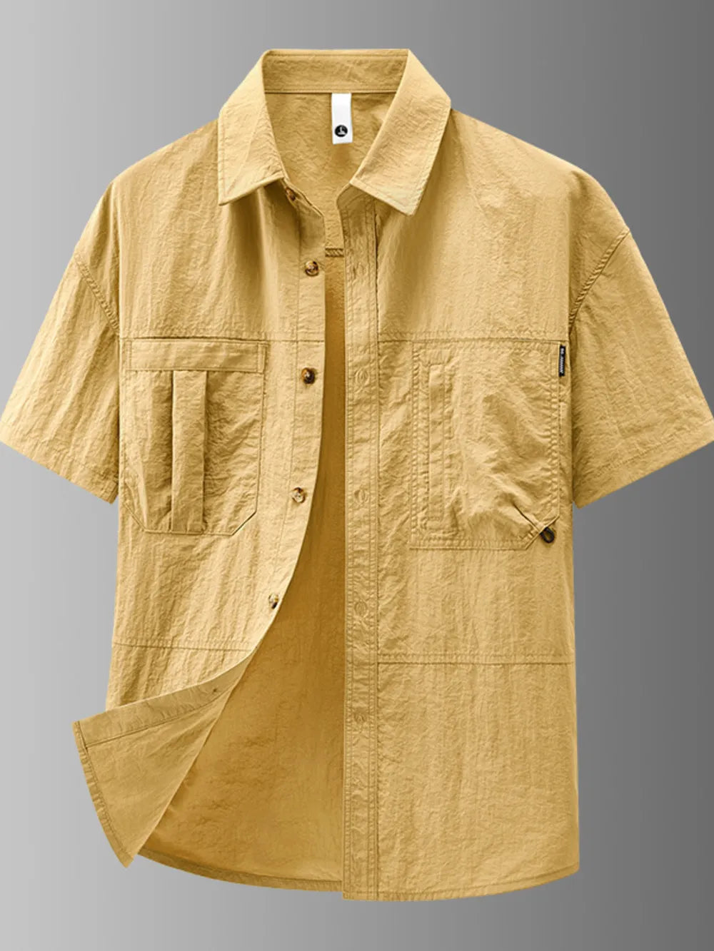 Lightweight casual button-up shirt in light yellow with short sleeves and chest pockets.
