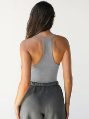 Gray ribbed racerback tank top with deep scoop neckline, shown from the back.