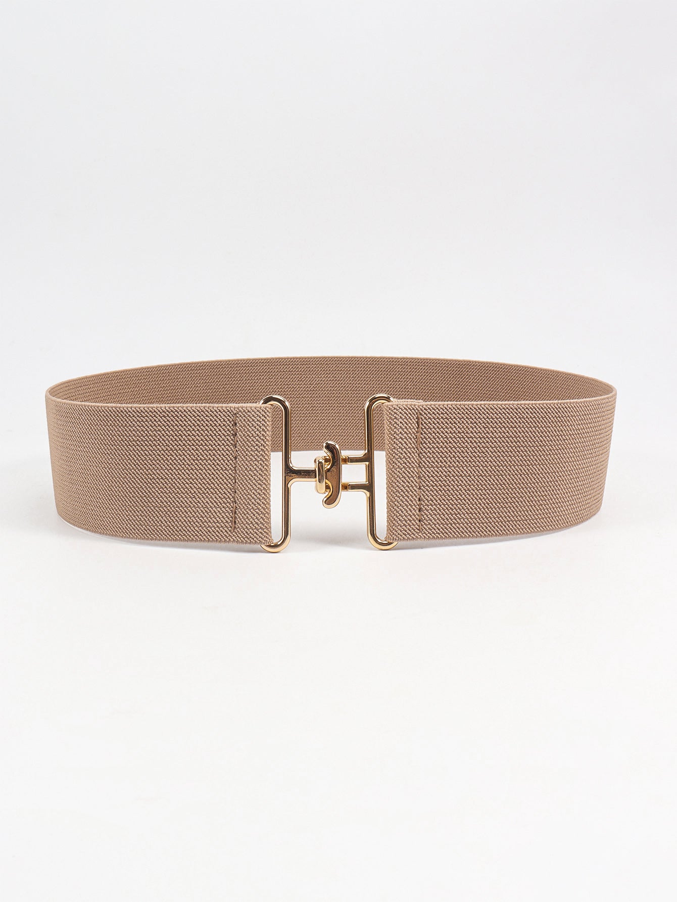 Caramel elastic belt with sculpted gold-tone buckle