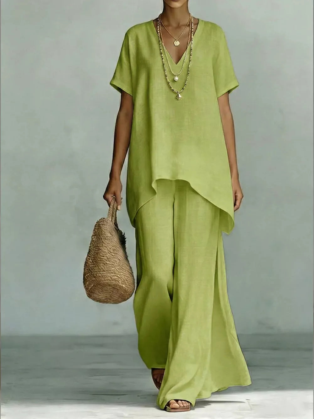 Effortless V-neck Top & Wide-leg Pant Set