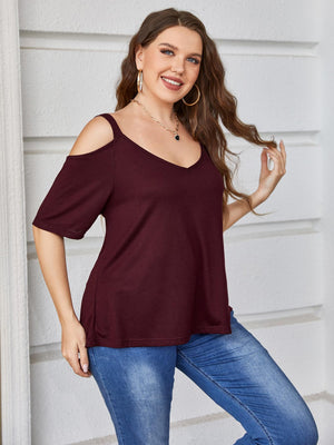 Burgundy cold shoulder v-neck t-shirt with short sleeves.