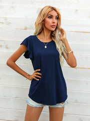 Navy tee with ruffled short sleeves and a round neckline.