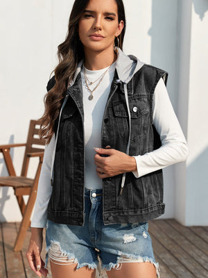 Sleeveless black denim vest with attached grey hood and button front.