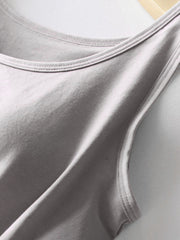 Gray built-in support tank top with double-stitched neckline and armholes.