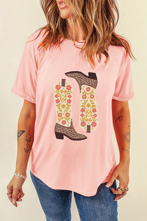 Western boot graphic tee in watermelon pink with floral boot design.