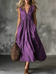 Twisted V-neck Midi Dress With Pockets
