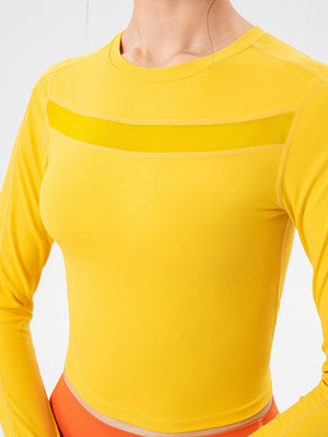 Neon yellow crop top with mesh panel detail and long sleeves.