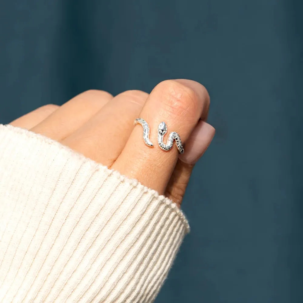 Silver snake ring with intricate scale detail, 925 sterling silver, adjustable boho style
