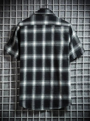 Black plaid short-sleeve cotton button-down shirt with collar.