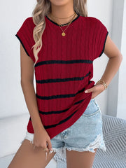 Deep red cable knit sleeveless top with black stripes and contrast trim